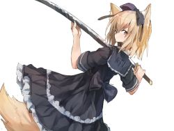 Rule 34 | 1girl, animal ear fluff, animal ears, black dress, blonde hair, bow, commentary request, dress, expressionless, fox ears, fox girl, fox tail, frilled dress, frills, hair bow, katana, looking back, neckerchief, original, sailor dress, short hair, short sleeves, simple background, solo, sword, tail, waichi, weapon, white background