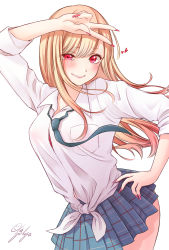 Rule 34 | 1girl, blonde hair, blue necktie, blue skirt, blush, breast pocket, breasts, collared shirt, cowboy shot, dress shirt, fake nails, gyaru, hair between eyes, hand on own hip, hand on own head, heart, highres, ichijo kazuya, kitagawa marin, long hair, looking at viewer, medium breasts, miniskirt, multicolored hair, nail polish, necktie, parted lips, pink hair, plaid, plaid skirt, pleated skirt, pocket, red eyes, red nails, school uniform, shirt, signature, simple background, skirt, sleeves rolled up, smile, solo, sono bisque doll wa koi wo suru, standing, tied shirt, two-tone hair, v, white background, white shirt