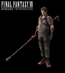 Rule 34 | arm guards, armor, black background, black hair, copyright name, final fantasy, final fantasy vii, final fantasy vii remake, full body, game model, holding, holding weapon, official art, serious, shoes, shoulder armor, simple background, sneakers, sonon kusakabe, spiked hair, square enix, staff, standing, weapon