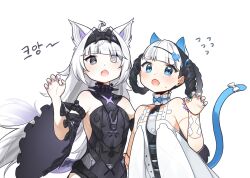 Rule 34 | 2girls, animal ears, bambinata: vitrum (punishing: gray raven), bambinata (punishing: gray raven), bare shoulders, black bodysuit, black eyes, black hair, black hairband, blue eyes, blue necktie, bodysuit, braid, cat ears, cat tail, detached sleeves, doll joints, dress, fake animal ears, fake tail, fang, grey eyes, grey hair, grey nails, hair ornament, hairband, heart, heart-shaped pupils, heart hair ornament, heterochromia, highres, joints, long hair, mechanical arms, mechanical parts, multicolored hair, multiple girls, myam (123ab456c), necktie, no.21: feral scent (punishing: gray raven), no.21 (punishing: gray raven), open mouth, paw pose, punishing: gray raven, symbol-shaped pupils, tail, twin braids, two-tone hair, white background, white dress, white hair, wide sleeves, wolf ears, wolf tail