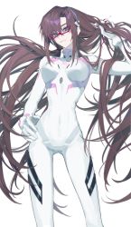 Rule 34 | 1girl, blood, blood on hands, blue eyes, bodysuit, breasts, brown hair, closed mouth, covered navel, evangelion: 3.0+1.0 thrice upon a time, glasses, grey background, hairband, hand in own hair, hand on own hip, highres, inuyama (inuhill), long hair, makinami mari illustrious, medium breasts, neon genesis evangelion, plugsuit, rebuild of evangelion, red-framed eyewear, simple background, solo, twintails, white bodysuit