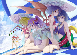 Rule 34 | 6+girls, :d, alternate hairstyle, ass, bad feet, bad hands, barefoot, bat wings, beach, beach umbrella, bikini, blonde hair, blue eyes, blue hair, breasts, cleavage, day, double bun, embodiment of scarlet devil, fang, feet, female focus, flandre scarlet, food, front-tie top, fruit, gustav (telomere na), head wings, highres, hong meiling, izayoi sakuya, koakuma, legs, long hair, mouth hold, multiple girls, open mouth, patchouli knowledge, ponytail, popsicle, purple eyes, purple hair, red eyes, red hair, remilia scarlet, see-through, short hair, smile, stretching, sunglasses, swimsuit, touhou, towel, twintails, umbrella, watermelon, wings