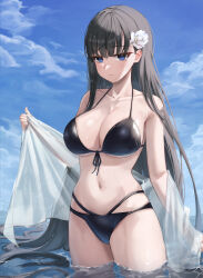 Rule 34 | 1girl, absurdres, bare arms, bikini, black hair, blue eyes, blue sky, breasts, cleavage, closed mouth, cloud, collarbone, day, floating hair, flower, hair flower, hair ornament, highres, large breasts, long hair, looking at viewer, moko (jw7436), navel, ocean, original, outdoors, partially submerged, rose, sarong, sky, solo, standing, swimsuit, very long hair, wading, wet, white flower, white rose