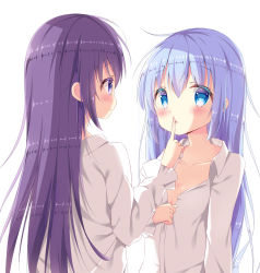 Rule 34 | 2girls, bad id, bad pixiv id, blue eyes, blue hair, blush, breasts, cleavage, closed mouth, collared shirt, dress shirt, finger to another&#039;s mouth, gochuumon wa usagi desu ka?, hair down, highres, kafuu chino, light blue hair, long hair, long sleeves, looking at another, multiple girls, parted lips, partially unbuttoned, purple eyes, purple hair, shirt, sidelocks, simple background, small breasts, smile, sui-95, tedeza rize, upper body, white background, white shirt, wing collar, yuri