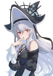 Rule 34 | 1girl, arknights, bare shoulders, black dress, black hat, black nails, blush, clothing cutout, dress, grey hair, hair between eyes, hand up, hat, hat ornament, highres, kozeni isari, long hair, looking at viewer, official alternate costume, red eyes, shoulder cutout, simple background, solo, specter (arknights), specter the unchained (arknights), upper body, very long hair, white background