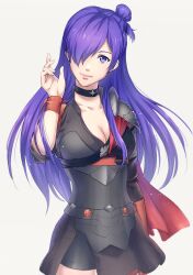 Rule 34 | 1girl, armor, asymmetrical clothes, breasts, cape, choker, cleavage, closed mouth, fire emblem, fire emblem: three houses, fire emblem warriors: three hopes, hair bun, hair over one eye, highres, large breasts, long hair, looking at viewer, medium breasts, nintendo, purple eyes, purple hair, rs lbl, shez (female) (fire emblem), shez (fire emblem), simple background, single hair bun, smile, solo