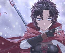 1girl black_corset black_hair breasts bullet cleavage cloak collared_shirt commentary corset crescent_rose english_commentary fingerless_gloves gardavwar gloves grey_eyes hair_between_eyes highres holding holding_bullet hood hood_down looking_at_viewer made_in_2019 parted_lips red_cloak ruby_rose rwby shirt short_hair snow solo upper_body white_shirt