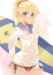 Rule 34 | 1girl, :o, bikini, bikini bottom only, blonde hair, blue eyes, blue sailor collar, blush, braid, breasts, carrying, carrying under arm, commentary request, covered erect nipples, covered navel, dark-skinned female, dark skin, fate/apocrypha, fate/grand order, fate (series), groin, hair ornament, hair scrunchie, holding, holding behind back, long hair, long sleeves, looking at viewer, medium breasts, mordred (fate), mordred (fate/apocrypha), mordred (swimsuit rider) (second ascension) (fate), navel, nipples, parted bangs, red bikini, red scrunchie, sailor collar, sasakura, scrunchie, see-through, shirt, sidelocks, solo, surfboard, swimsuit, wet, wet clothes, wet shirt, white shirt