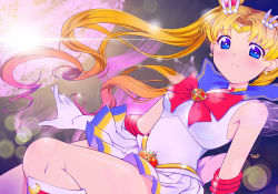 Rule 34 | 1girl, bishoujo senshi sailor moon, blonde hair, blue eyes, blue sailor collar, blush, boots, bow, brooch, choker, circlet, closed mouth, elbow gloves, gloves, hair bun, hair ornament, hairpin, heart, heart brooch, heart choker, highres, himehachi (hime8manga), jewelry, knee boots, long hair, looking at viewer, magical girl, moon, multicolored clothes, multicolored skirt, parted bangs, pleated skirt, red bow, red footwear, sailor collar, sailor moon, sailor senshi uniform, signature, single hair bun, skirt, smile, solo, super sailor moon, tsukino usagi, twintails, white gloves, yellow neckwear