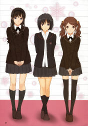 Rule 34 | 3girls, absurdres, amagami, arms behind back, black hair, black legwear, blazer, blue eyes, bob cut, brown eyes, brown hair, dress shirt, hair ribbon, hairband, own hands clasped, height comparison, height difference, highres, jacket, crossed legs, light smile, long hair, looking at viewer, messy hair, morishima haruka, multiple girls, nakata sae, nanasaki ai, non-web source, official art, own hands together, ribbon, school uniform, shirt, short hair, skirt, smile, snowflakes, standing, steepled fingers, takayama kisai, thighhighs, twintails, untucked, v arms, zettai ryouiki