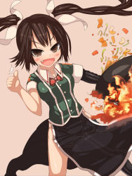 Rule 34 | &gt;:d, 10s, 1girl, :d, ^^^, black thighhighs, blush, bow, bowtie, brown eyes, brown hair, commentary request, cooking, elbow gloves, fang, fire, food, frying pan, gloves, hair bow, kantai collection, mitsume (kiiro9), open mouth, pelvic curtain, pink background, popped collar, ringed eyes, short sleeves, shrimp, simple background, single elbow glove, single thighhigh, smile, solo, thighhighs, thumbs up, tone (kancolle), tone kai ni (kancolle), twintails, v-shaped eyebrows, vegetable