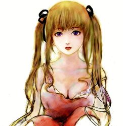 Rule 34 | 00s, 1girl, blonde hair, breasts, brown hair, cleavage, dress, fm77 (artist), hair ribbon, lips, looking at viewer, purple eyes, red dress, ribbon, rozen maiden, shinku, solo, twintails