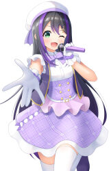Rule 34 | 1girl, 7fuji 06, black hair, blush, bow, bowtie, collared dress, cowboy shot, cross-laced slit, dress, fortissimo, gloves, green eyes, hair ornament, hat, highres, holding, holding microphone, layered dress, long hair, microphone, multicolored hair, musical note, musical note hair ornament, one eye closed, open mouth, original, plaid, plaid dress, purple hair, reaching, reaching towards viewer, sleeveless, sleeveless dress, solo, standing, standing on one leg, thighhighs, two-tone hair, very long hair, vest