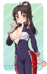 Rule 34 | 1girl, biker clothes, bikesuit, black eyes, black hair, blush, bodysuit, breasts, center opening, dated, elbow pads, fingerless gloves, gloves, large breasts, long hair, looking at viewer, no bra, parted bangs, parted lips, ponytail, school girl strikers, shimeta hiromitsu, shoulder pads, solo, tanaka sachiko (school girl strikers), twitter username, unzipped, zipper
