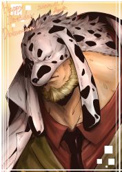 Rule 34 | 1boy, absurdres, animal hood, bad id, bad twitter id, beard, black necktie, blonde hair, close-up, coat, cropped shoulders, dalmatian (one piece), dalmatian print, facial hair, formal, frown, happy birthday, highres, hood, irohero, looking to the side, male focus, necktie, one piece, open clothes, open coat, red shirt, shirt, solo, suit, upper body