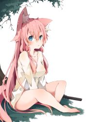 Rule 34 | 1girl, animal ears, barefoot, between legs, blue eyes, blush, breasts, closed mouth, commentary request, full body, hair between eyes, hand between legs, highres, long hair, looking at viewer, original, pink hair, shirt, simple background, sitting, small breasts, solo, tail, very long hair, white background, white shirt, yukikasa