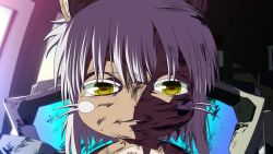 Rule 34 | 1other, absurdres, androgynous, commentary, cyberpunk (series), cyberpunk edgerunners, david martinez stare (meme), furry, grey hair, highres, horizontal pupils, looking at viewer, made in abyss, meme, nanachi (made in abyss), other focus, parted lips, portrait, scene reference, scratches, short hair, smugbuns, solo, whiskers, yellow eyes