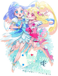 Rule 34 | 2girls, :o, ace (playing card), ace of hearts, aida mana, arm warmers, bike shorts, blonde hair, blue eyes, blue hair, blush, boots, bow, bracelet, brooch, card, choker, copyright name, cure diamond, cure heart, curly hair, dokidoki! precure, earrings, eyelashes, full body, hagihara takeo, hair ornament, half updo, heart, heart brooch, heart hair ornament, hishikawa rikka, jewelry, knee boots, long hair, magical girl, multiple girls, pink bow, pink eyes, pink footwear, playing card, ponytail, precure, puffy sleeves, ribbon, shoes, shorts, shorts under skirt, smile