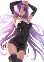 Rule 34 | 1girl, armpits, arms up, bare shoulders, black dress, black footwear, black sleeves, blindfold, boots, breasts, cleavage, collar, collarbone, covered navel, detached sleeves, dress, facial mark, fate/stay night, fate (series), forehead mark, hakaba (dairiseki), highres, long hair, long sleeves, medusa (fate), medusa (rider) (fate), parted lips, purple collar, purple hair, shiny clothes, short dress, solo, strapless, strapless dress, thigh boots, thighhighs, upskirt, very long hair, white background, zettai ryouiki