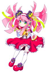 Rule 34 | 1girl, absurdres, blush stickers, closed mouth, frilled skirt, frilled sleeves, frills, full body, green eyes, green ribbon, hair ornament, hair ribbon, hand on own cheek, hand on own face, haruka nana, headphones, highres, jacket, long sleeves, looking at viewer, mary janes, nagimiso, official art, over-kneehighs, pink hair, red footwear, red skirt, ribbon, ribbon-trimmed legwear, ribbon trim, shoes, skirt, solo, thighhighs, transparent background, twintails, utau, white jacket, white thighhighs, wide sleeves