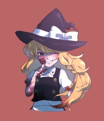 Rule 34 | 1girl, absurdres, apron, black eyes, black hat, black vest, blonde hair, blood, blood on clothes, blood on face, blood on hands, blush, bow, braid, commentary request, cookie (touhou), cowboy shot, cropped legs, empty eyes, finger to mouth, fingernails, flat chest, grin, hair bow, hat, hat bow, highres, kirisame marisa, long hair, looking at viewer, medium bangs, one eye closed, puffy short sleeves, puffy sleeves, red background, red bow, s (esumi kihomaru), shaded face, shirt, short sleeves, simple background, single braid, smile, solo, suzu (cookie), touhou, unusually open eyes, vest, waist apron, white apron, white bow, white shirt, witch hat