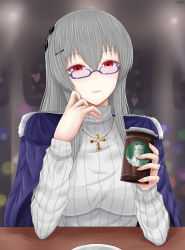 Rule 34 | 1girl, archstreal, azur lane, blue jacket, bow, breasts, cross, glasses, grey hair, hair bow, highres, jacket, jacket on shoulders, jewelry, long hair, looking at viewer, necklace, ornate ring, red eyes, ring, saint-louis (azur lane), simple background, sitting, solo, starbucks coffee, sweater, wedding ring