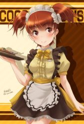 Rule 34 | 10s, 1girl, alternate costume, apron, artist name, bad id, bad twitter id, blush, bow, coco&#039;s, cowboy shot, dress, girls und panzer, haruhata mutsuki, holding, light smile, looking to the side, maid apron, maid headdress, mikko (girls und panzer), name tag, puffy short sleeves, puffy sleeves, red eyes, red hair, short dress, short hair, short sleeves, short twintails, signature, smile, solo, standing, tray, twintails, twitter username, waitress, yellow bow, yellow dress