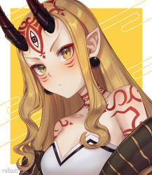 Rule 34 | 1girl, blonde hair, blush, border, breasts, earrings, egasumi, facial mark, fate/grand order, fate (series), forehead, forehead mark, hair pulled back, highres, horns, ibaraki douji (fate), japanese clothes, jewelry, kimono, long hair, looking at viewer, off shoulder, oni, oni horns, pointy ears, roll out road, slit pupils, small breasts, solo, tattoo, white border, yellow background, yellow eyes, yellow kimono