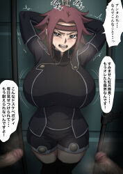 Rule 34 | 1girl, 2boys, absurdres, arms behind back, arms up, blue eyes, breasts, code geass, highres, iwao178, kouzuki kallen, large breasts, looking at another, looking at viewer, multiple boys, penis, red hair, restrained, solo focus, speech bubble