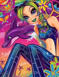 Rule 34 | 1girl, artist name, blue eyes, braid, braided bun, breasts, bug, butterfly, dolphin, double bun, earrings, green hair, hair bun, insect, jeluto, jewelry, jojo no kimyou na bouken, kuujou jolyne, lipstick, looking at viewer, makeup, midriff, multicolored hair, navel, palm tree, parody, parted bangs, peace symbol, pink sky, rainbow, sitting, sky, small breasts, smile, solo, stone ocean, style parody, tree, two-tone hair, water