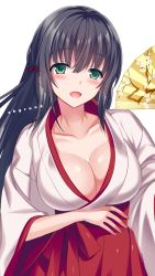 1girl black_hair blush bow breasts cleavage collarbone female_focus green_eyes hair_bow hakama hakama_skirt hand_fan highres japanese_clothes kimono large_breasts long_hair looking_at_viewer miko open_mouth original red_bow red_hakama saikawa_yusa simple_background skirt smile solo white_background