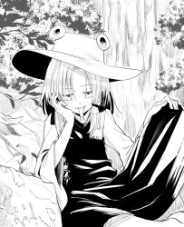 Rule 34 | 1girl, commentary request, forked tongue, greyscale, half-closed eyes, hat, knee up, long sleeves, looking at viewer, monochrome, moriya suwako, outdoors, parted bangs, rion (glayjirobass), short hair, sitting, solo, tongue, touhou, wide sleeves