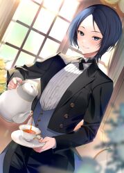 Rule 34 | 1girl, absurdres, arrow (tamawo222), black pants, black ribbon, black suit, blue eyes, blue hair, butler, cup, female butler, flower, formal, highres, holding, holding saucer, holding teapot, mole, mole under mouth, neck ribbon, original, pants, ribbon, saucer, shirt, short hair, striped clothes, striped shirt, suit, tea, teacup, teapot, vertical-striped clothes, vertical-striped shirt, waistcoat, white shirt, window, yellow flower
