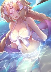 Rule 34 | 1girl, absurdres, bikini, blonde hair, blue eyes, braid, breasts, cleavage, collarbone, day, dutch angle, fate/apocrypha, fate (series), front-tie bikini top, front-tie top, halterneck, headpiece, highres, horizon, jeanne d&#039;arc (fate), jeanne d&#039;arc (ruler) (fate), large breasts, long hair, navel, ocean, open mouth, outdoors, paperfinger, partially submerged, shawl, sidelocks, single braid, smile, solo, swimsuit, thighs