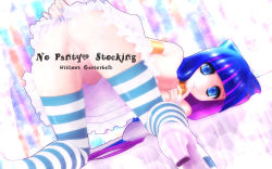 Rule 34 | 10s, 1girl, alternate costume, anus, blue eyes, blue hair, colored inner hair, finger to mouth, high heels, highres, long hair, looking back, matching hair/eyes, momohigep, multicolored hair, no panties, panty &amp; stocking with garterbelt, pun, purple hair, pussy, shoes, smile, solo, stocking (psg), striped clothes, striped thighhighs, thighhighs, top-down bottom-up, uncensored, wallpaper