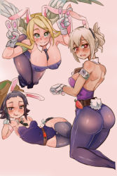 Rule 34 | 300 yen, 3girls, animal ears, ass, bare shoulders, blush, breasts, cleavage, curvy, detached collar, drooling, fake animal ears, heart, heart-shaped pupils, kneeling, large breasts, league of legends, leotard, looking at viewer, lying, multiple girls, open mouth, pantyhose, playboy bunny, rabbit ears, rabbit tail, riven (league of legends), small breasts, smile, symbol-shaped pupils, tail, tears, thighhighs, tongue, tongue out, v, white background