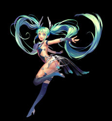 Rule 34 | 1girl, :d, aqua eyes, aqua hair, armlet, ass, black background, black footwear, black gloves, blue footwear, boots, breasts, eyelashes, fingerless gloves, floating hair, from side, full body, gloves, glowing, green eyes, green hair, hair ornament, hatsune miku, high heel boots, high heels, jewelry, leg up, liusang, long hair, matching hair/eyes, open mouth, outstretched arms, ring, see-through, shade, sidelocks, simple background, sleeveless, small breasts, smile, solo, standing, standing on one leg, twintails, underboob, very long hair, vocaloid
