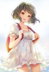Rule 34 | 1girl, :d, backpack, bag, blush, breasts, brown eyes, brown hair, commentary request, cowboy shot, dress, highres, looking at viewer, open mouth, original, puffy short sleeves, puffy sleeves, short hair, short sleeves, sibyl, small breasts, smile, solo, white dress