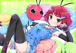 Rule 34 | 1girl, :o, antennae, armpits, bad id, bad pixiv id, black eyes, black thighhighs, blush, detached sleeves, jewelry, lying, natsu natsuna, necklace, on back, original, pillow, red hair, short hair, solo, sparkle, thighhighs