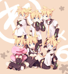 Rule 34 | 6+boys, bad id, bad pixiv id, bespectacled, blonde hair, blue eyes, clone, detached sleeves, glasses, headset, kagamine len, leg warmers, male focus, multiple boys, necktie, open mouth, ousaka nozomi, pillow, ponytail, tears, teeth, vocaloid, yellow necktie