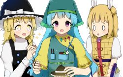 Rule 34 | + +, 0 0, 3girls, apron, armor, bad id, bad pixiv id, between fingers, black vest, blonde hair, blue hair, character doll, commentary request, daisy, double bun, dress, flower, green hood, hair bun, hair ribbon, haniwa (statue), haniyasushin keiki, hat, holding, hood, interlocked fingers, jewelry, joutouguu mayumi, kirisame marisa, light brown hair, light particles, long hair, long sleeves, looking at another, magatama, magatama necklace, multiple girls, necklace, open mouth, own hands clasped, own hands together, poco (zdrq3), puffy short sleeves, puffy sleeves, purple eyes, ribbon, shirt, short hair, short sleeves, simple background, sparkle, tools, touhou, upper body, vambraces, very long hair, vest, white background, white shirt, witch hat, yellow dress, yellow eyes