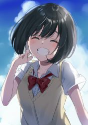 Rule 34 | 1girl, absurdres, black hair, bob cut, commentary, day, closed eyes, grin, highres, original, outdoors, school uniform, short hair, sky, smile, solo, unapoppo