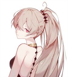 Rule 34 | 1girl, azur lane, backless dress, backless outfit, bare shoulders, cocktail dress, dress, evening gown, from behind, gold bracelet, gold choker, hair between eyes, halter dress, halterneck, high ponytail, highres, jean bart (azur lane), jean bart (uninhibited bloodstone) (azur lane), jewelry, long hair, looking at viewer, looking back, lu (departurelu), official alternate costume, ponytail, red eyes, simple background, solo, upper body, white background