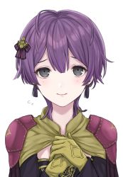 Rule 34 | 1girl, bernadetta von varley, closed mouth, earrings, fire emblem, fire emblem: three houses, gloves, grey eyes, hair between eyes, hair ornament, highres, jewelry, nintendo, own hands together, purple hair, shimizu akina, simple background, smile, solo, upper body, white background, yellow gloves