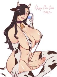 Rule 34 | 1girl, 2021, absurdres, animal ears, animal print, bad id, bad twitter id, bare shoulders, bell, black hair, bottle, brown choker, chinese zodiac, choker, cow ears, cow horns, cow print, cow print bikini, cow tail, cowbell, cum, cumdrip, elbow gloves, erection, fake animal ears, fake horns, fake tail, futanari, gloves, gyarusatan, hair over one eye, half-closed eyes, happy new year, highres, holding, holding bottle, horns, long hair, milk, milk bottle, navel, neck bell, new year, open mouth, original, penis, print bikini, purple eyes, shiny skin, simple background, sitting, slingshot swimsuit, solo, swimsuit, tail, teeth, testicles, thighhighs, tongue, twitter username, uncensored, upper teeth only, veins, veiny penis, white background, white gloves, white thighhighs, year of the ox