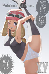 Rule 34 | 1girl, armpits, black footwear, black shirt, black thighhighs, blouse, blue eyes, brown hair, character name, cleft of venus, collared shirt, copyright name, covered erect nipples, creatures (company), eyewear on head, floating hair, from side, game freak, grey thighhighs, hat, highres, jewelry, leg up, long hair, looking at viewer, makoto daikichi, miniskirt, nintendo, no bra, no pants, panties, pink hat, pokemon, pokemon masters ex, pokemon xy, red skirt, serena (pokemon), shirt, skirt, sleeveless, sleeveless shirt, smile, solo, standing, standing on one leg, sunglasses, thighhighs, translation request, underwear, very long hair, zettai ryouiki
