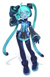 Rule 34 | 1girl, absurdres, ahoge, android, aqua eyes, aqua hair, aqua necktie, bare shoulders, black sleeves, bright pupils, cable hair, character name, cheri zao, detached sleeves, full body, hatsune miku, highres, holding, holding megaphone, joints, long hair, looking at viewer, mechanical parts, megaphone, miniskirt, necktie, number tattoo, robot girl, robot joints, see-through, see-through skirt, see-through sleeves, shadow, shirt, simple background, skirt, sleeveless, sleeveless shirt, solo, standing, tattoo, very long hair, vocaloid, white background, white pupils