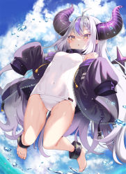 Rule 34 | 1girl, ahoge, ankle cuffs, barefoot, blush, braid, breasts, cloud, cloudy sky, collar, covered navel, day, demon horns, feet, highres, hololive, holox, horns, jacket, jumping, kubota masaki, la+ darknesss, long hair, long sleeves, metal collar, multicolored hair, off shoulder, one-piece swimsuit, open clothes, open jacket, outdoors, parted lips, purple hair, purple jacket, silver hair, skin tight, sky, sleeves past fingers, sleeves past wrists, small breasts, solo, streaked hair, striped horns, swimsuit, very long hair, virtual youtuber, water, white one-piece swimsuit, yellow eyes