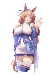 Rule 34 | 1girl, absurdres, animal ears, bag, bare shoulders, blue eyes, blue thighhighs, blush, breasts, brown hair, cowboy shot, detached sleeves, dress, hair ornament, hand up, handbag, highres, horse ears, horse girl, horse tail, large breasts, long hair, long sleeves, looking at viewer, open mouth, simple background, smile, super creek (umamusume), sweater, sweater dress, tail, thighhighs, thighs, umamusume, white background, white sweater, zhenli-mari