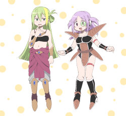 Rule 34 | 2girls, :d, alina gray, alternate costume, armlet, armor, bare shoulders, black footwear, blush, boots, broly (dragon ball z), broly (dragon ball z) (cosplay), cosplay, dragon ball, dragonball z, full body, green eyes, green hair, highres, jewelry, ketsuwotatakuna, long hair, looking at another, magia record: mahou shoujo madoka magica gaiden, mahou shoujo madoka magica, misono karin, multiple girls, navel, necklace, open mouth, pants, purple eyes, purple hair, raditz, raditz (cosplay), red pants, saiyan armor, shoulder armor, smile, standing, thigh strap
